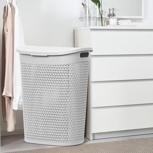 60L Laundry Basket with Lid - Large Plastic Washing Basket with Handles - Heavy-Duty Rattan Laundry Bin Hamper Clothes Storage Organiser for Bedroom & Bathroom - White, 60 Litre - Image 2