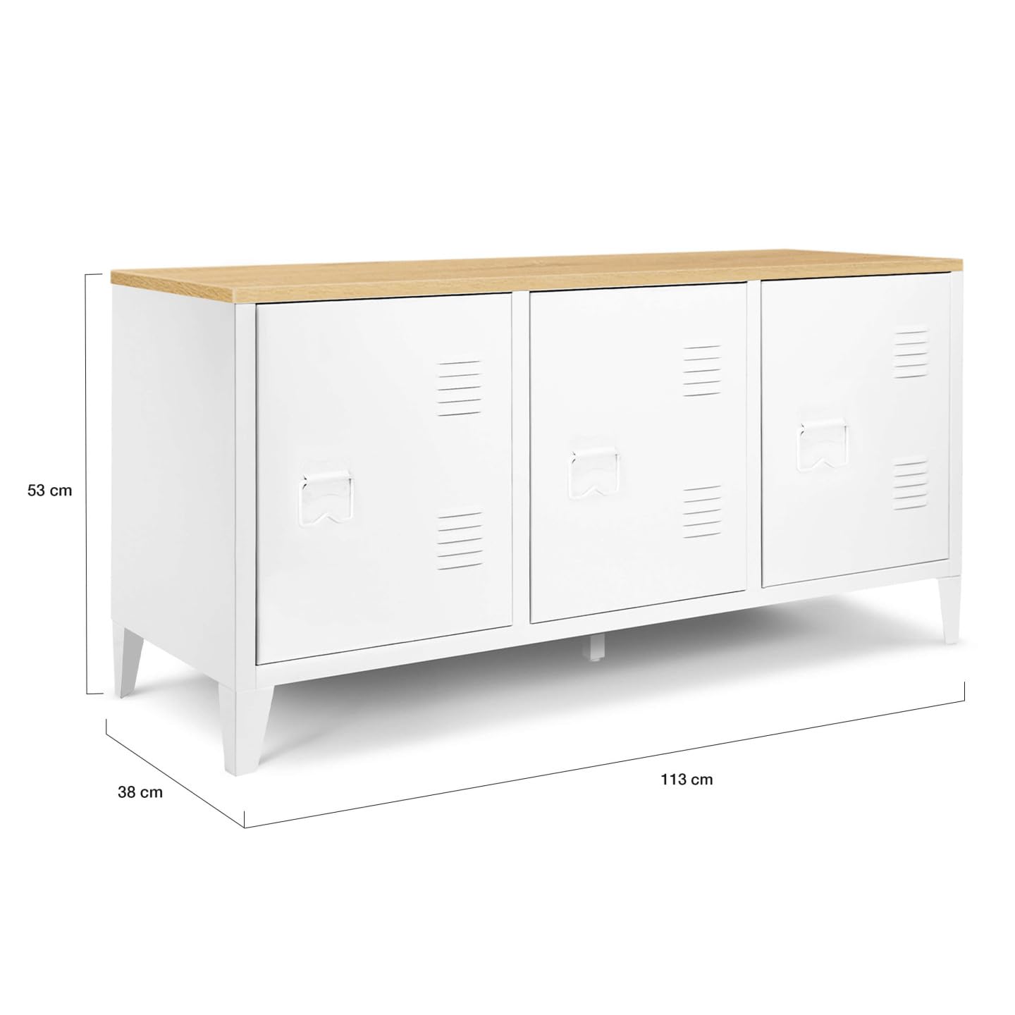 IDMarket - Aparador Bajo Ester 113 cm 3 Puertas de Metal Blanco con Tablero de Madera de Diseño Industrial