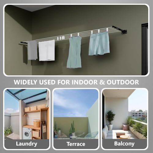 Image of SR Powder Coated Metal Clothes Drying Stand Wall Mounted /Cloth Dryer Stand /Clothes Hanger for Drying Clothes Foldable for Home Or Balcony with 40 Feet Rope and Fasteners Set