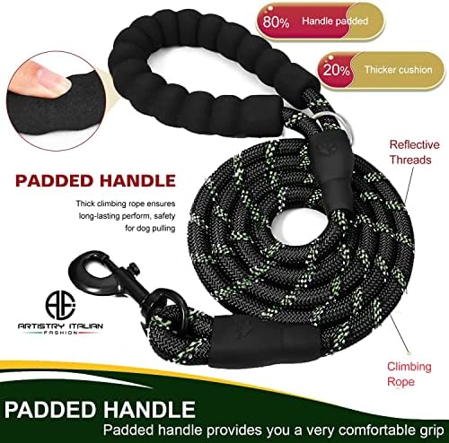 ARTISTRY Rope Dog Lead for Medium Dog, Strong Dog Leads for Large Dogs, Durable Dog Leash, Training Lead for Dogs with Soft Padded Handle, 5 FT Highly Reflective Dog Lead for Small Dog(Black/Green)