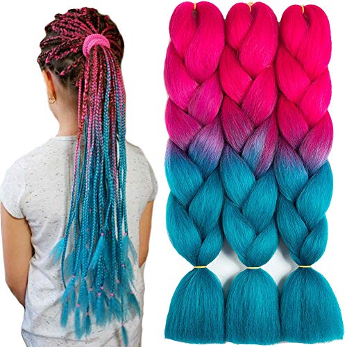Ombre Braiding Hair Extensions, Braiding Hair, Braid in Hair,Braids Hair,Crochet Twist Braids Hair for Braiding(24Inch 3Pcs/Lot Peach Red-Lake Blue)