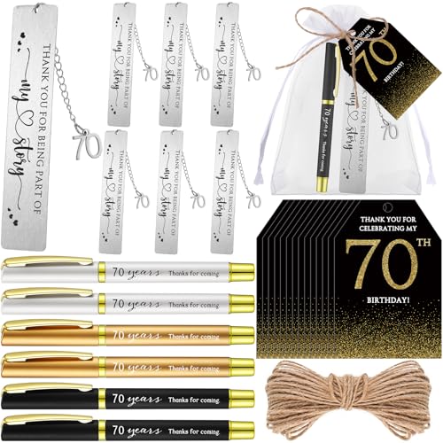 Sinload 25 Sets Birthday Favors for Guests 25 Thanks for Coming Ballpoint Pens 25 Bookmarks 25 Cards with Organza Bag for Adult Birthday Anniversary Party Souvenir(Metal-70th)