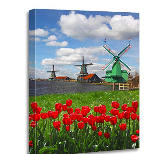 Altuny Print Wall Art Painting Pictures Traditional Dutch Windmills Red Tulips Close The Amsterdam Holland 12X16 Inch Artwork Modern Decor For Living Room Bedroom Bathroom #TOP3