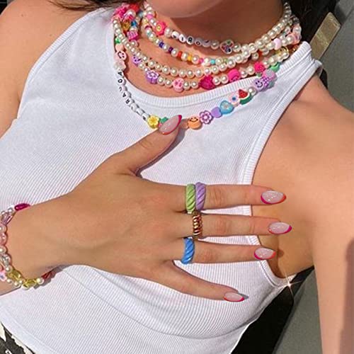 Yosomk Fake Nails Short Almond Press On Nails With Design Pink And Orange False Nails Glossy Glue On Round Nails French Stick On Acrylic Nails For Women #TOP1