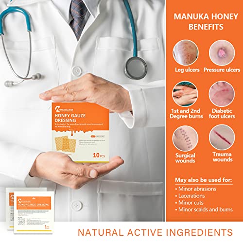 Honey Wound Dressing, 4" X 4" Manuka Honey Wound Care, Medical Grade Honey Burn Pads For Wound Healing Faster From Minor Abrasions, Burns, Cut And Laceration, Burn Dressing Drug Free (10 Pcs) #TOP1