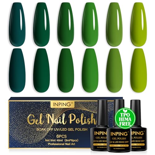 INPING Pintauñas Semipermanentes, TPO-FREE HEMA-FREE, 6 Colore Verde Esmaltes de Uñas Gel UV Kit, Soak Off UV Gel Nail Polis Para Diy Manicura Nail Art, 8 ML