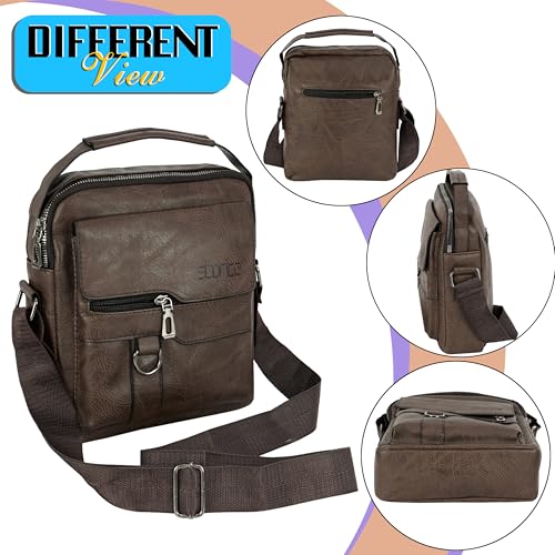 Image of Storite Textured PU Leather Sling Shoulder Bag for Men & Women | 4 Zip Pocket Crossbody Messenger Bag for Office & Travel | Dark Brown | 24.5 x 7 x 20.5cm