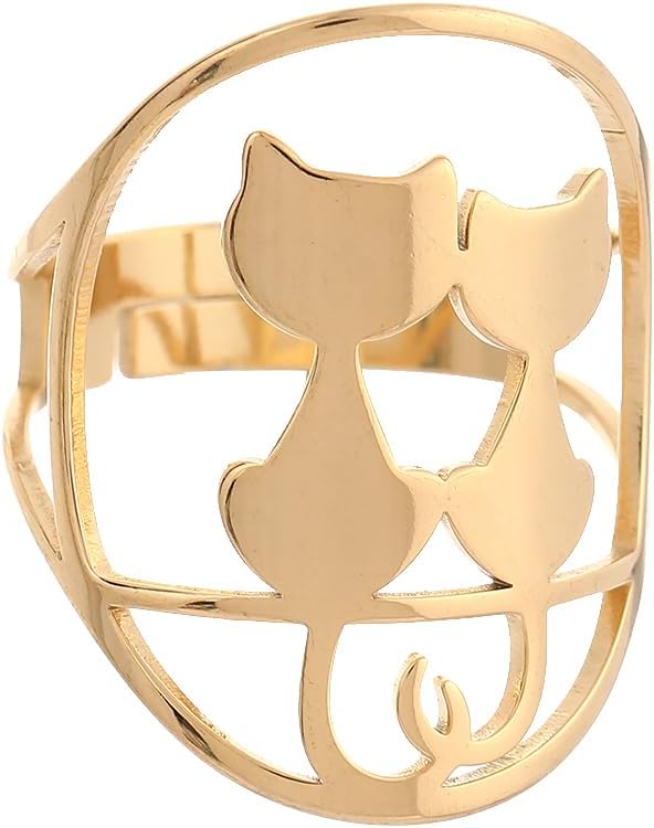 LLYANZ Stainless Steel Three Cats in the Moonlight Can Open Adjust Ring Hollow Cute Cat Rings