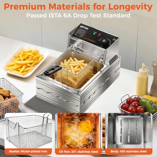 OSTBA Electric Deep Fryer with Basket, 10.36QT Countertop Fryer, 1600W Stainless Steel Commercial Deep Fryer with Adjustable Temperature 140–390℉, Removable Basket & Oil Tank by OSTBA - Image 4