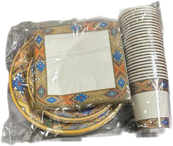 Disposable Party Dinnerware Set, 25 Place Settings, 100 Pieces with Ethiopian Tibeb Design, Includes 9-inch Plates, 7-inch Plates, Cups and Napkins.