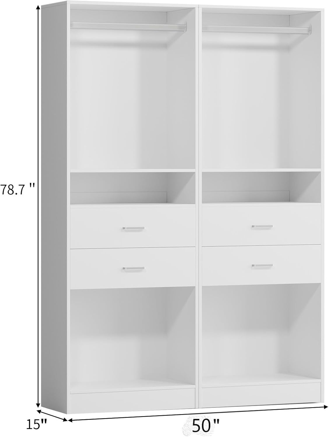 VOWNER 50'' Freestanding Closet System with Drawers & Hanging Rod, Wood Closet Organizer System, Walk-in Closet Shelving Unit, Clothes Garment Rack, Armoire Wardrobe Closet Bedroom Entryway