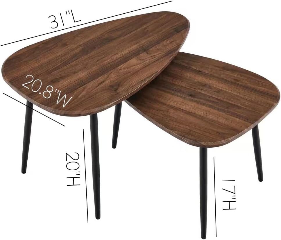 Nesting Coffee Table Set of 2 Coffee Tables Nesting Tables for Living Room Wooden Small Table Triangle Walnut Mid-Century Modern