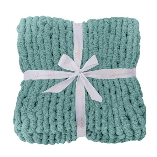 Bigacogo Chunky Knit Throw Blanket for Couch, 40x40 inches, 100% Hand Knitted with Thick Jumbo Chenille Yarn, Cozy Soft Large Rope Knot Cable Crochet Blankets for Sofa Bed Living Room, Light Teal