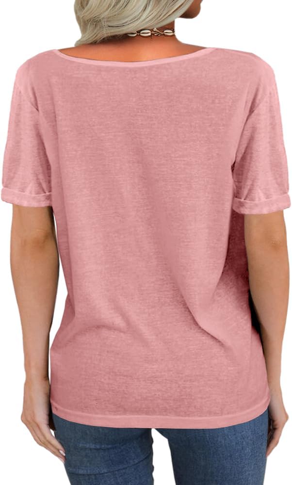 Danedvi Women Fashion Deep V-Neck Short Sleeve Tops Solid Casual Loose Basic T Shirt - Image 2