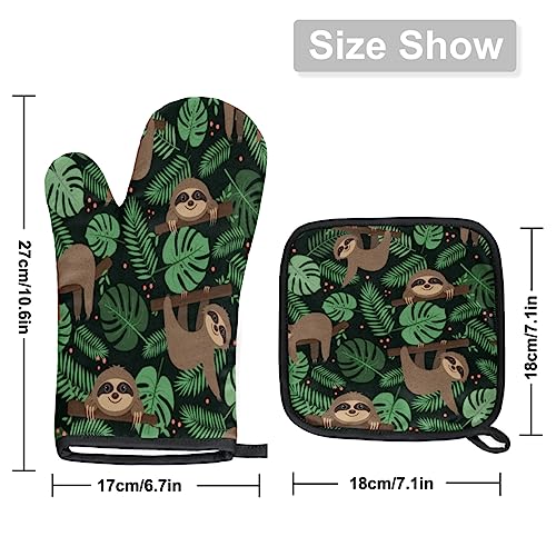 Sloth Design Oven Mitts And Pot Holders Sets Tropical Leaves Oven Mits Mittens Heat Resistant Potholders Oven Gloves Hot Pad For Baking Cooking Kitchen Grilling Bbq Gifts 2 Piece Set #TOP1