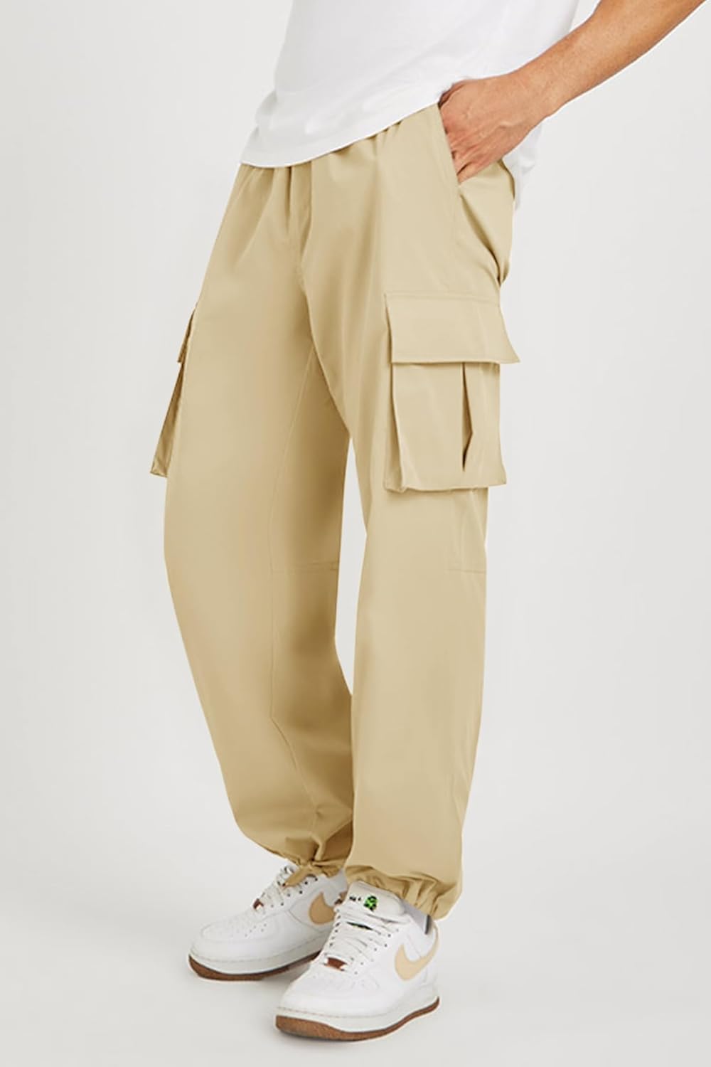 Runcati Mens Cargo Pants Hiking Athletic Joggers Sweatpants Elastic Waist Drawstring Casual Trousers with Multi Pockets