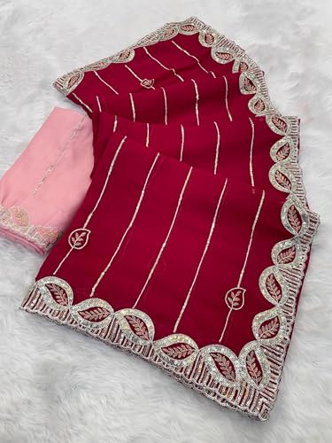 Image of Womens Crunchy Saree With Stone And Zari Work And Scalloped Cut Work On The Border With Blouse 5.5 Meter Saree 0.8 Meter Unstitched Blouse Piece
