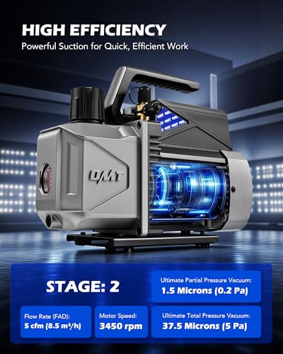 Image of Orion Motor Tech A2L AC Vacuum Pump and Gauge Set, 5 cfm 2 Stage Sparkless Ignition Proof Vacuum Pump for R1234yf R32 R134a R410A System, with 4 Way AC Gauges Quick Couplers Thermometer Can Taps Hoses
