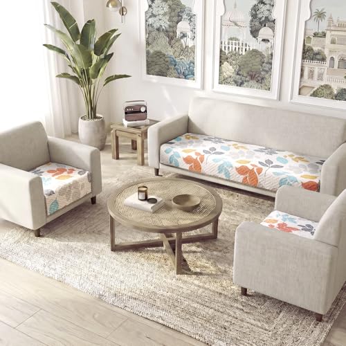 Image of HOKIPO 'Homehues Series' Printed Quilted Sofa Cover Mat for 5 Seater Set - Multicolor Leaves (IN-806 * 2 + IN-809 - D2)