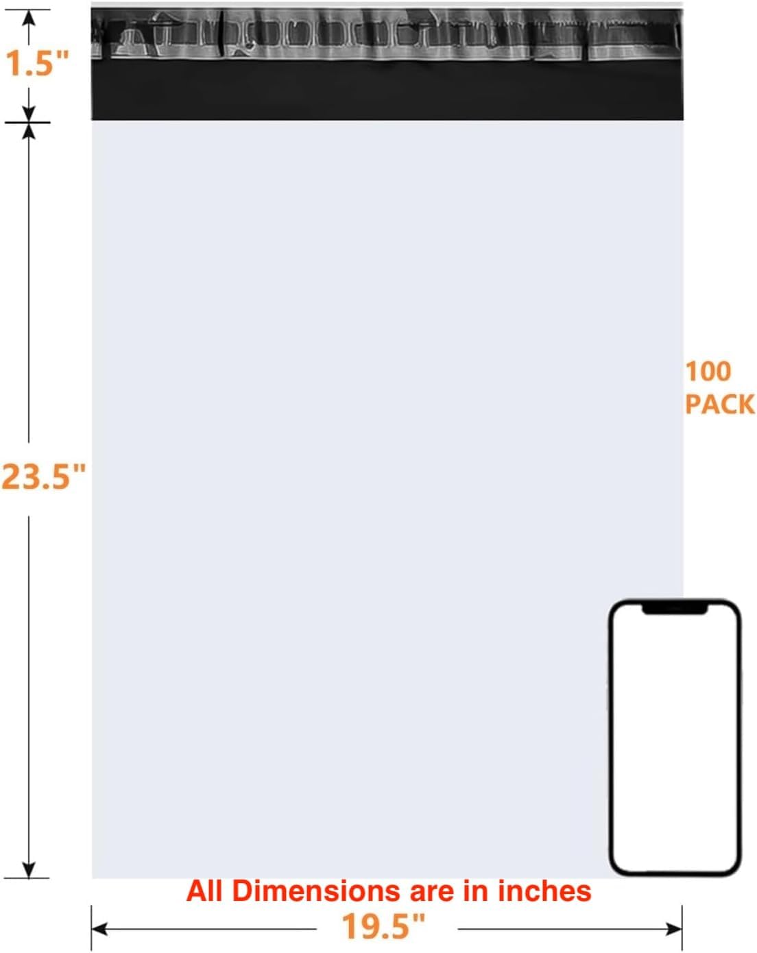 19.5" x 23.5" 100 Pack Poly Mailers Shipping Envelopes, Self Sealing, Waterproof, Tear-Resistant Packaging Bags for for e-commerce, Clothing, Books, and Accessories, White
