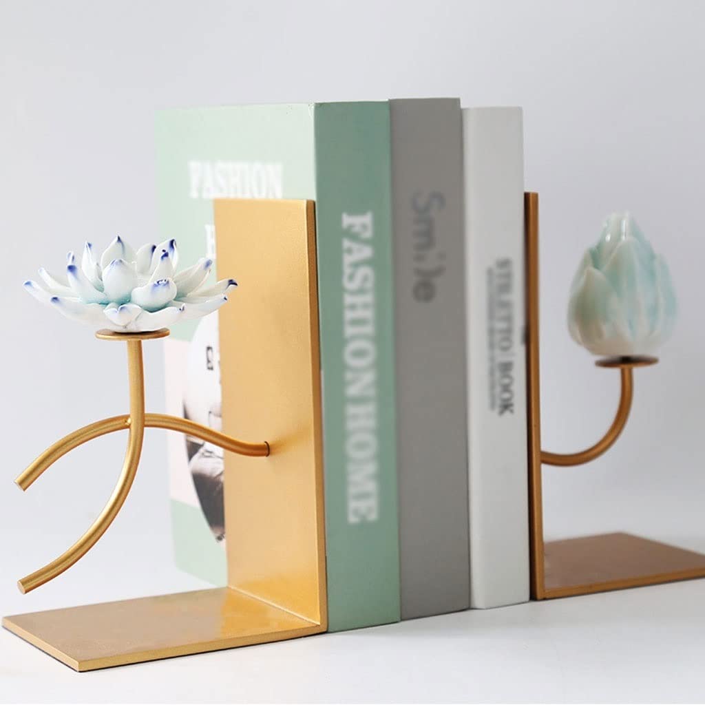 Buchstützen Kreative dekorative Buchstützen mit Lotus- und Vogelmotiv, Metall-Bücherregal-Buchstützen, for die Dekoration im Heimbüro, im Schlafzimmer, im Arbeitszimmer Buchstützen und Bücherregale