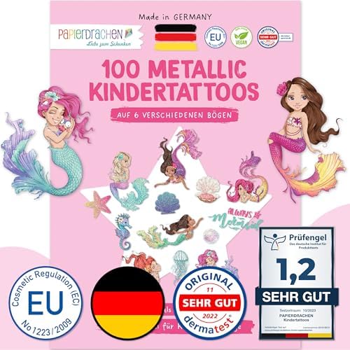 Papierdrachen 100 Metallic-Tattoos für Kinder - Hautfreundliche Kindertattoos Meerjungfrauen - Glitzer Tattoo - Geburtstagsmitgebsel - Für Jungen und Mädchen - in Deutschland herge