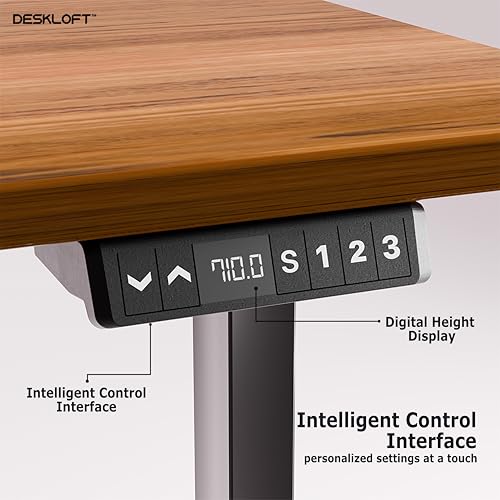 Image of Electric Standing Desk Height Adjustable Table | Ergonomic Sit Stand Workstation with Walnut Wood Grain Top | Motorized Computer Desk for Home Office (Black Frame & Brown Top, 1200x600 mm)