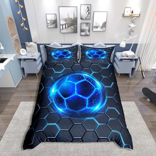 Loussiesd Blue Neon Football Duvet Cover Set Single Size For Kids Boys Teens Geometric Honeycomb Bedding Set Soccer Ball Games Comforter Cover with 1 Pillowcase Hexagonal Bed Set