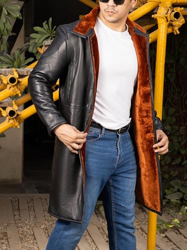 Image of Jild Shearling Leather Trench Coat Men Stand Collar Warm & Stylish Real Lambskin Long Leather Jacket Men Coats Winter