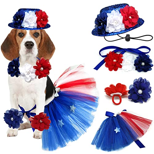 4Pcs Pet Independence Day Costume 4Th Of July Dog Dress Collar Flowers Decorate Top Hat Necklace And Leg Bands Cute Cat Tutu Skirt Usa Patriotic Outfit For Medium Large Kitty Party Decorations #TOP13