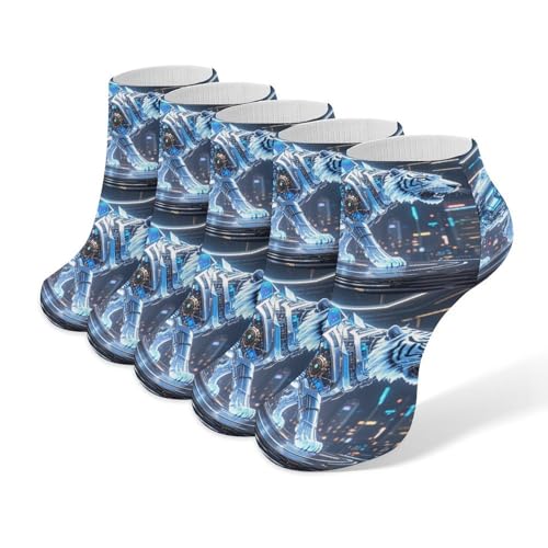Mechanical Tiger Ankle Socks 5-Pack, Breathable Casual Athletic Socks for Women Men, One Size (6-11)