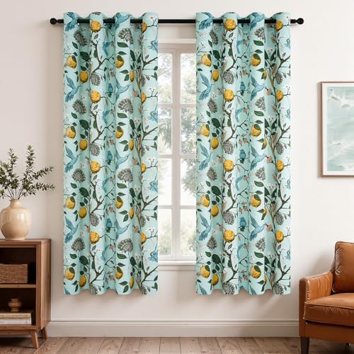 Image of Topfinel Mint Green Curtains 63 Inch Length 2 Panels Cottagecore Tropical Sage Leaf Flower Hummingbird Lemon Patterned Energy Efficient Grommet Cute Green Drapery Treatment Nursery Classroom