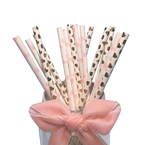 Cœur Rose Doré Colorées Pailles en Papier, 100 Pieces Gold Pink Cœur Papier Paille pour Décoratives Fête, Anniversaire, Mariage