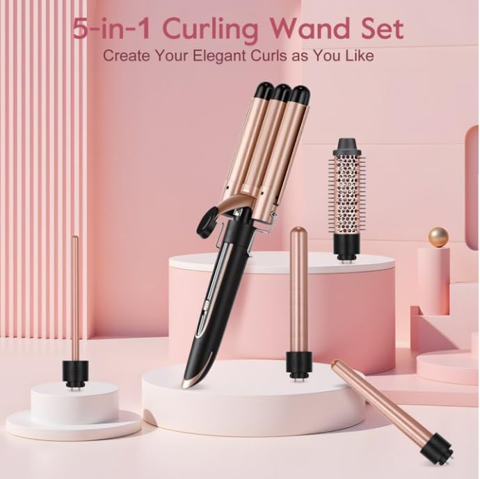 5 in 1 Curling Iron Wand LED Display Hair Wand Curler Set with 3 Barrel Hair Crimper for All Hair Type, Waver Curling Wand for Women, Rose Gold