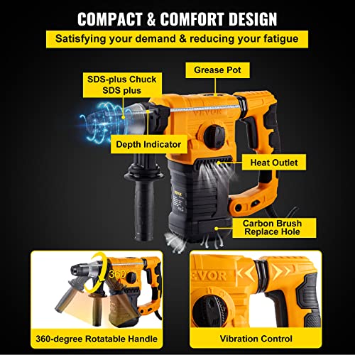 Vevor Rotary Hammer, 1" Sds - Plus Hammer Drill With 4 Functions & 360 Degree Rotating Handle, 9.5A 1050W Variable Speed 0-850Rpm Corded Hammering Machine, Includes Chisels, Drill Bits And Case #TOP5