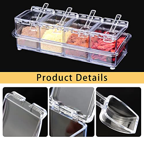Faxco 4-Cell Clear Seasoning Rack Spice Box, Storage Container Condiment Jars Acrylic Seasoning Box With Cover And Spoon #TOP2