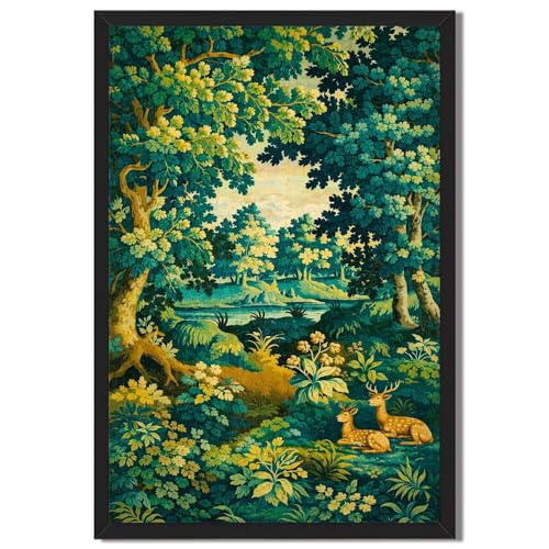 Framed Enchanting Forest Deer Landscape Poster Canvas Print Art Vintage