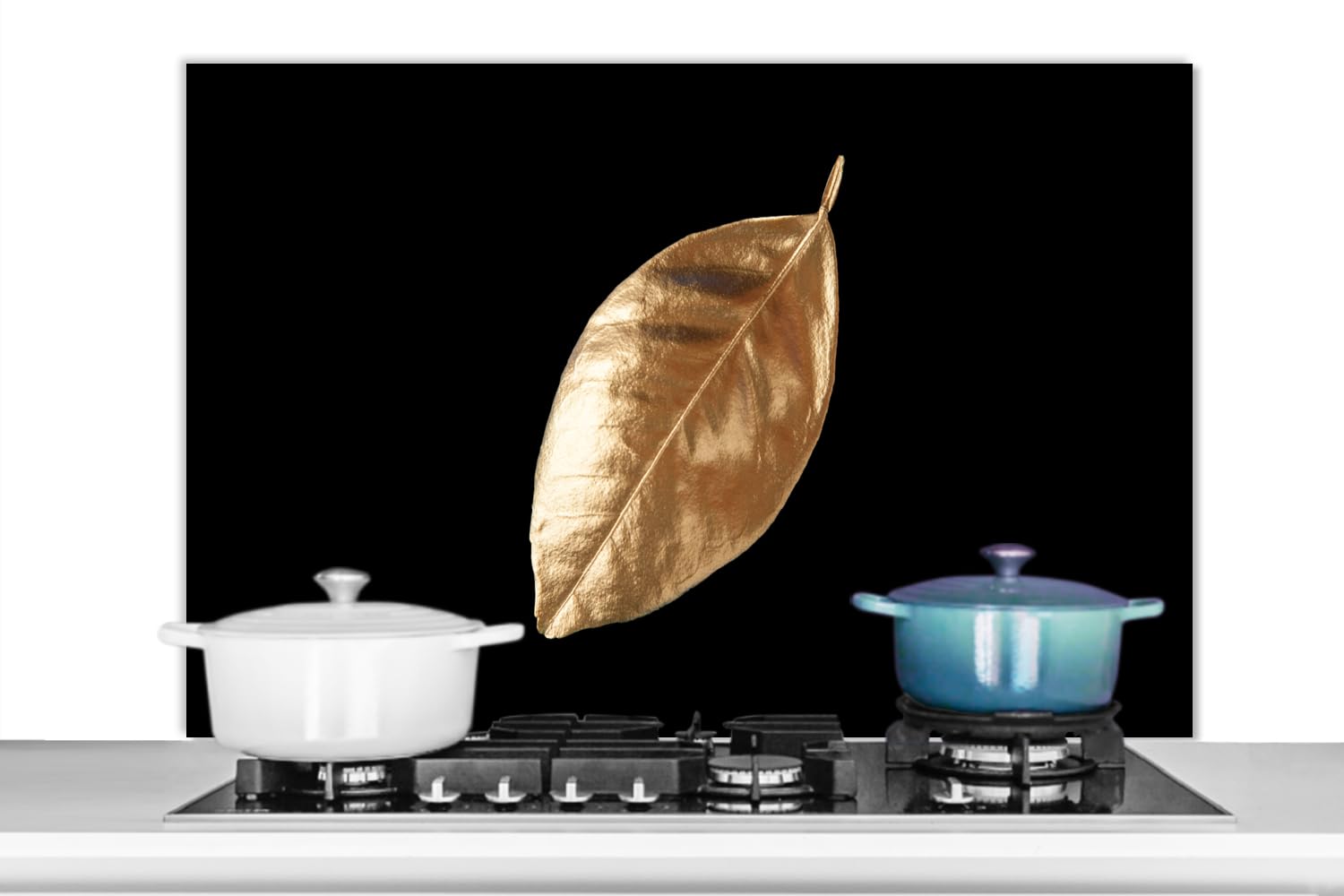 KitchenYeah© Spritzschutz Küchenrückwand Platte Küchen Zubehör Aluminium | 100x65 cm - Platte Herd Spritzschutz WandverkleidungBlätter - Gold - Luxus - Pflanzen - Schwarz