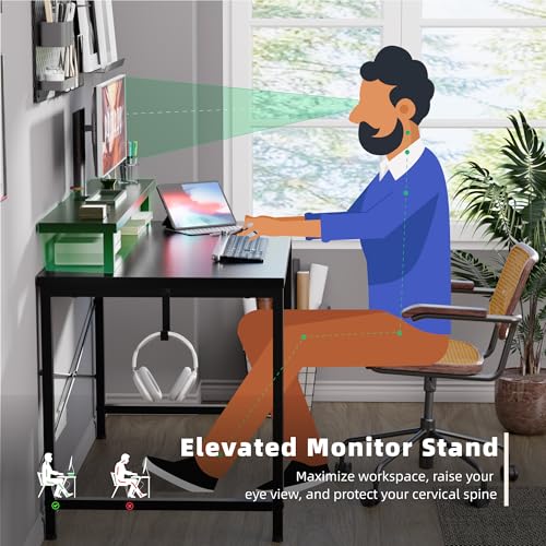 Image of Pamray 32 Inch Small Computer Desk with Monitor Stand, Simple Office Desk with Headphone Hook for Small Spaces, Kids Study Writing Table for Bedroom, Black