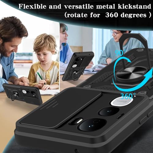Image of SPAZY CASE Vivo Y400 Pro Back Cover | Heavy Duty Hybrid Case with 360 Degree Rotating Finger Ring Holder + Slider Shutter Camera Protection Case for Vivo Y400 Pro - Black