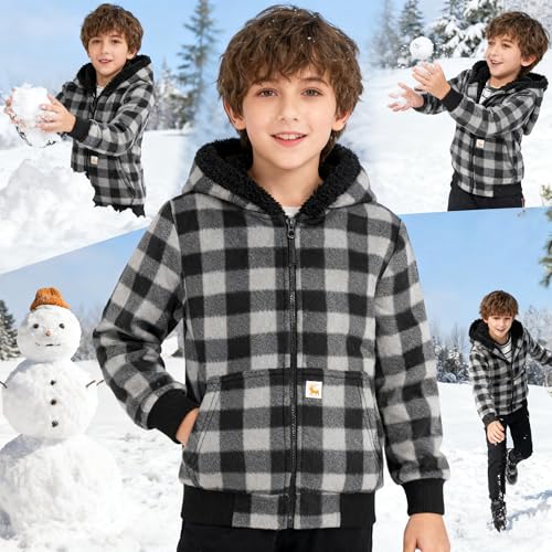 Image of Boys Fleece Jacket with Hood Unisex Child Sherpa Lined Zip Up Warm Coat Hooded Sweatshirt Outerwear