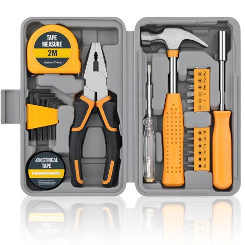 Lot de 24 outils de bricolage pour la maison, ensemble d'outils de maison portable avec boîte de rangement, boîte à outils compacte pour projets de bricolage et utilisation quotidienne