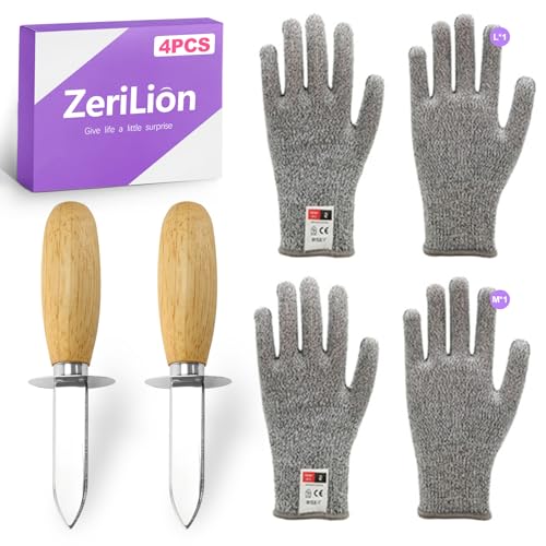 ZeriLion 4 Pack Oyster Shucking Knife Set Stainless Steel Oyster Knives with 2 pas Cut Resistant Gloves Oyster Opener Clam Knife Shucker Tool Kit for Seafood Shellfish