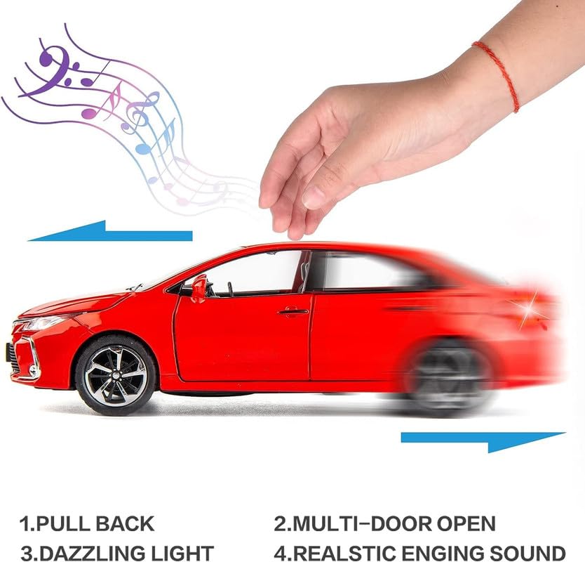 Image of Kids Model 1:32 Corolla Die Cast Metal Car Pull Back Action Opening Doors with Realistic Engine Sound Lights Toy Car Gift for Boys - Red