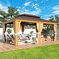MELLCOM 12'x18' Hardtop Gazebo, Wood Grain Aluminum Frame with Galvanized Steel Double Roof and Water Gutter, Outdoor Permanent Metal Pavilion with Curtains and Nettings for Patios, Gardens and Lawns