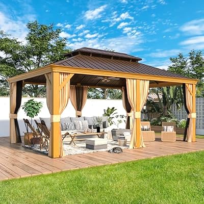 MELLCOM 12'x18' Hardtop Gazebo, Wood Grain Aluminum Frame with Galvanized Steel Double Roof and Water Gutter, Outdoor Permanent Metal Pavilion with Curtains and Nettings for Patios, Gardens and Lawns