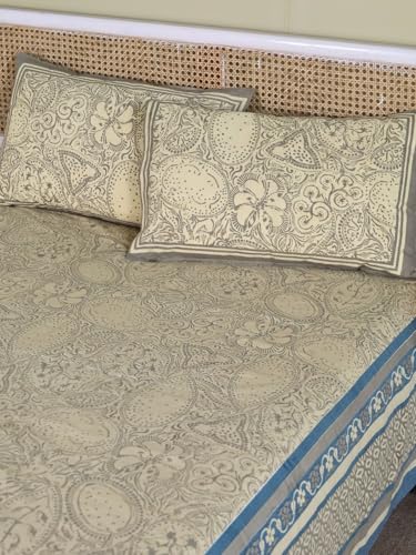 Image of Peepul Tree 100% Pure Cotton Jaipuri Handprinted Double Bedsheet Queen Size - 90 X 108 Inches with 2 Pillow Cover | 210 TC Breathable Fabric | Chintz Collection | Made in India, Beige and Navy