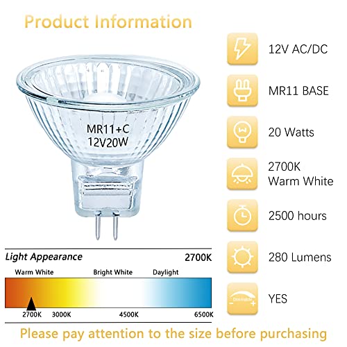 Mr11 Halogen Bulb 20W 12V Gu4 Dual Pin Base Ftd Spotlight Bulb, Mr11 Bulb With Uv Glass Cover 36° Beam Warm White 2700K Dimmable For Landscape Lights, Accent Lights, Track Lights, Fiber Optics #TOP2
