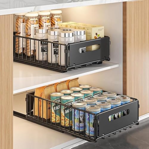 Hykiee Tiroir Coulissant Cuisine Adhesif Lot de 2, Métal Panier Rangement et Organisation de Cuisine, Plateau Coulissant Organisateur Placard Salle de Bains ni Perçage Noir (25 L x 38 P x 10 H CM)