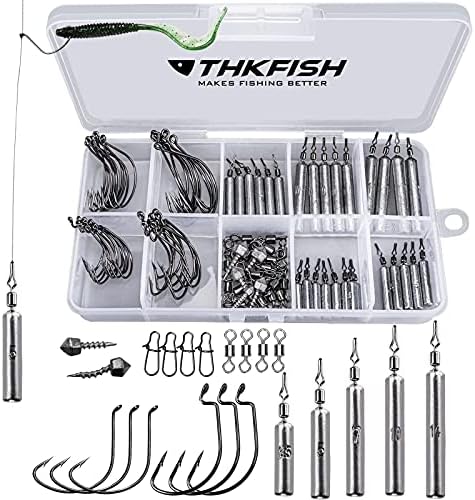 THKFISH Fishing Weights Fishing Sinker Drop Shot Weights Fishing Weights Kit Drop Shot Rig Wacky Hooks Offset Hooks Fishing Tackle C-103pcs